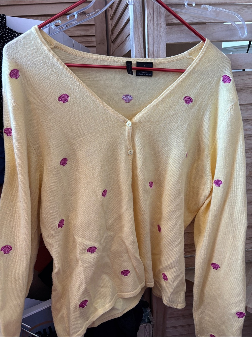 Yellow Shell-Embroidered V-Neck Cardigan - Large